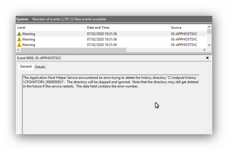 IIS Event ID 9009 Hatası: Application Host Helper Service CFGHISTORY