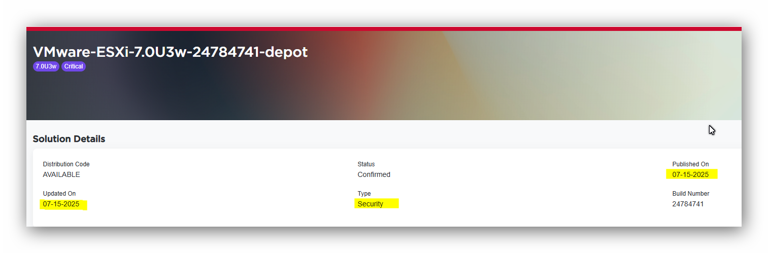 VMware ESXi 7.0 U3w (patchId=15940) için Kritik Güvenlik Güncellemesi